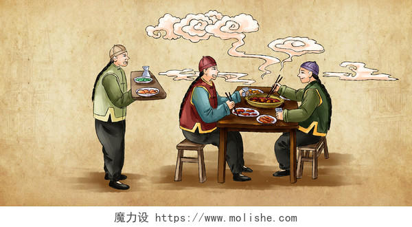 手绘中国风水墨风格吃火锅场景原创人物素材